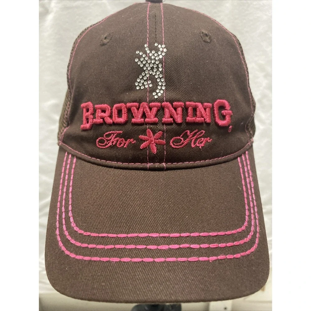 Browning Buckmark For Her Brown Pink with Rhinestone Logo Mesh Strapback Hat Cap
